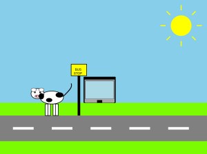 பேருந்து நிறுத்தம் ஒன்றில் மாடு நிற்பதான சித்தரிப்புப் படம்